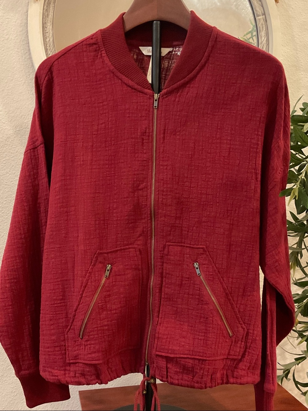 Storyteller Burgundy Bomber Women’s Jacket in Crinkle Cotton Gauze